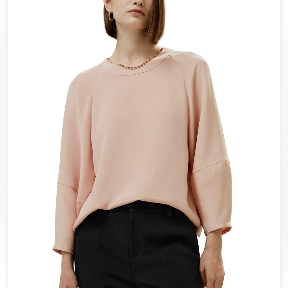 NWOT Lilysilk nude beige 100% mulberry washable silk top blouse, size 12/L
